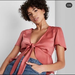 NWT- Cropped Short Sleeve Tie-Front Flutter Top